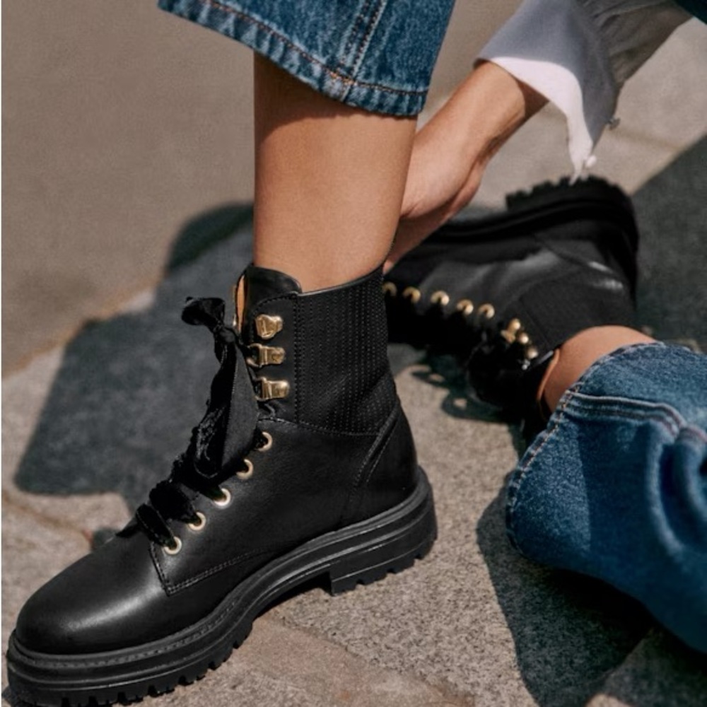 Sezane Niels Black Combat Boots with Gold Accents